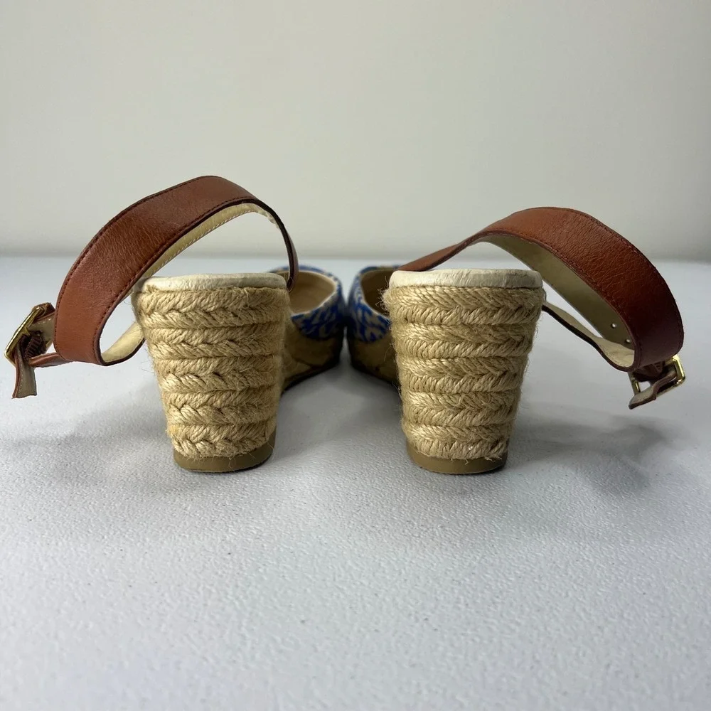Lands' End Cara Espadrille Wedge Slingback Sandals Ankle Strap Blue Cream Size 7